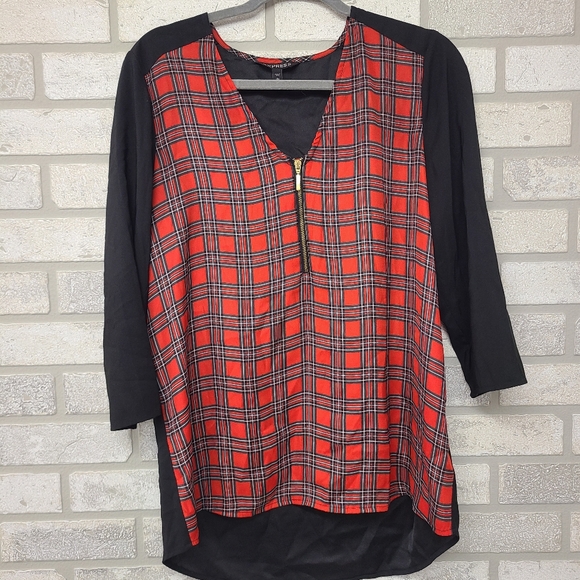 Express Tops - Express 3/4 Sleeve Plaid Blouse Size Large Black Red